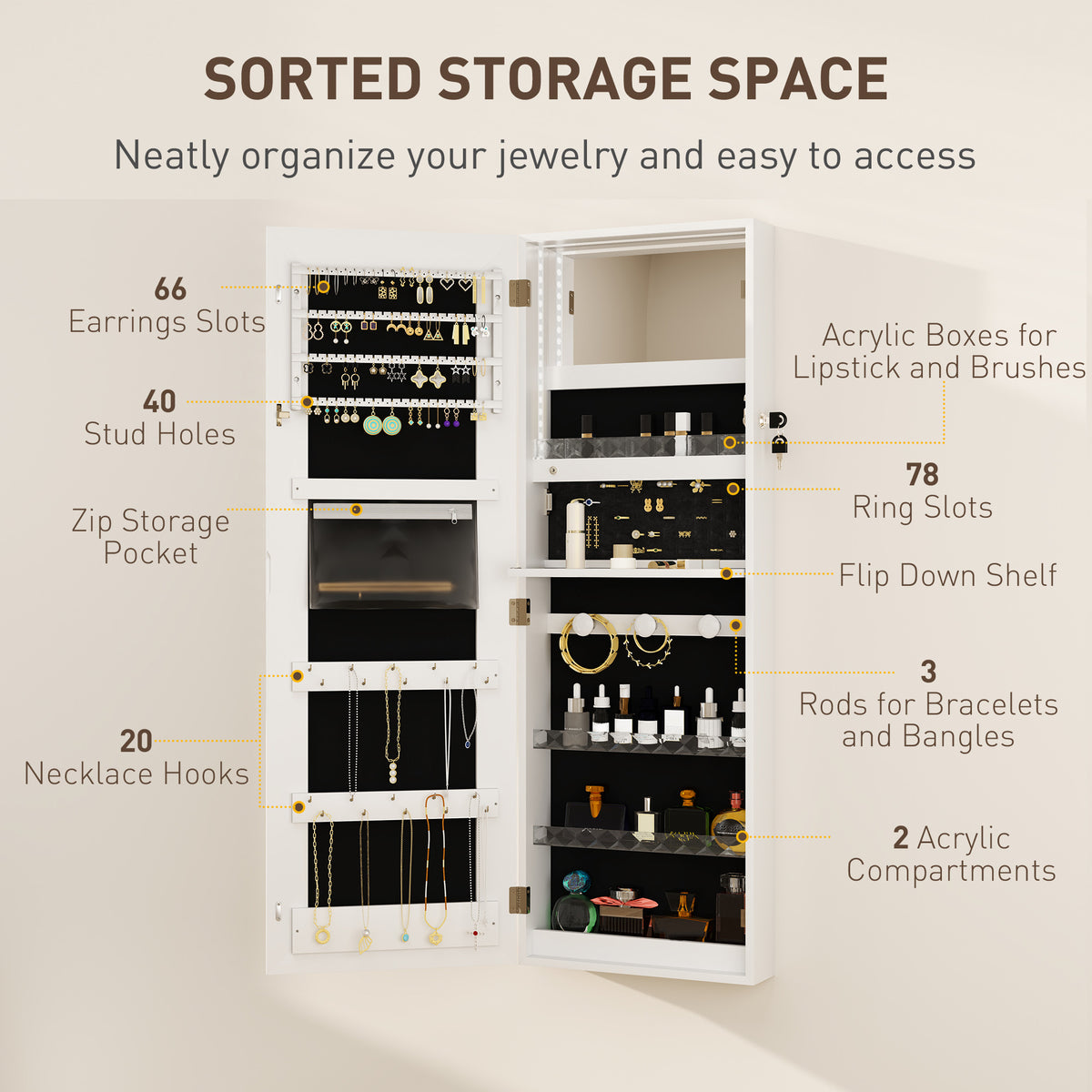 LED Lighted Jewelry Armoire with Mirror Jewelry Cabinet with Storage Lockable Door/Wall Mounted Jewelry Organizer, White