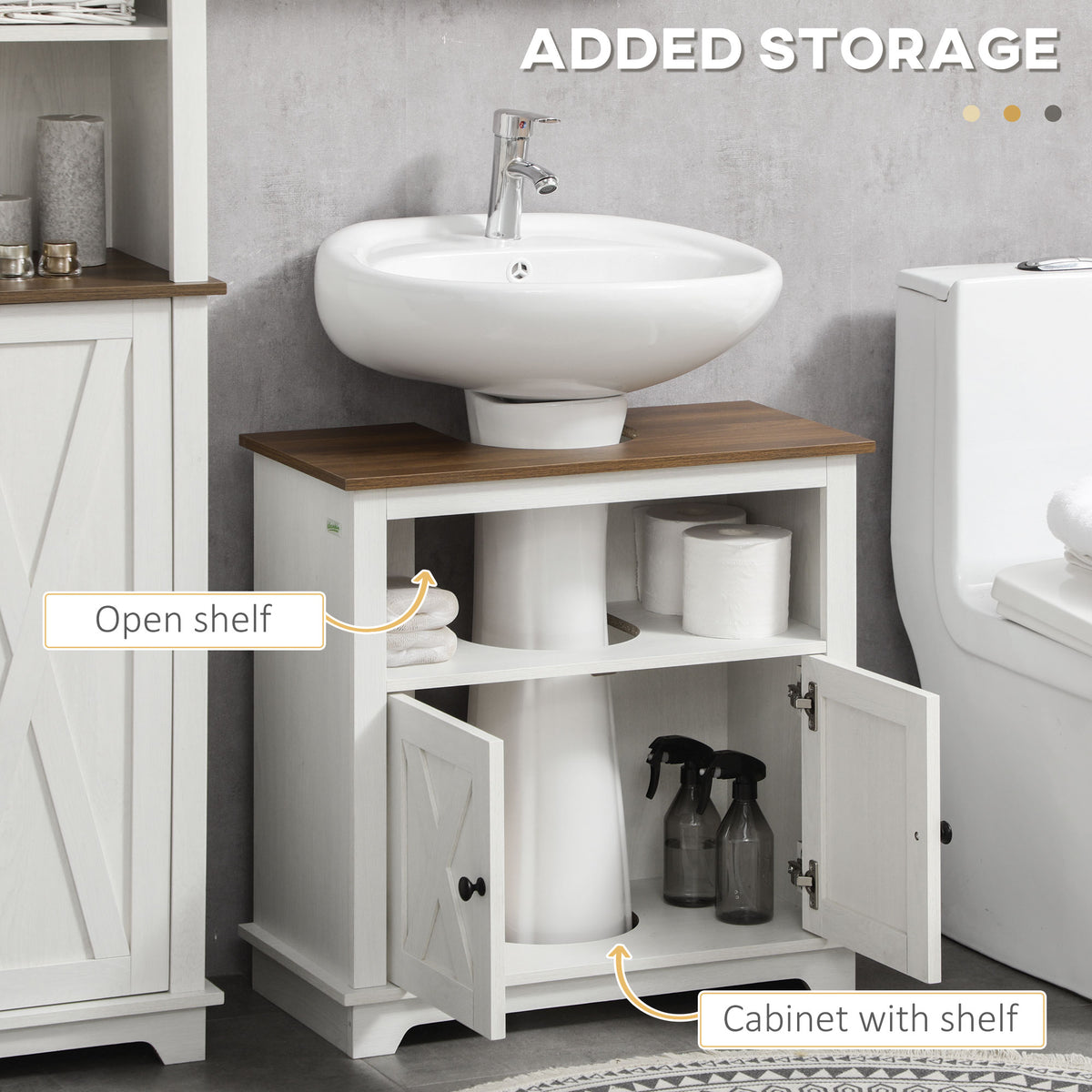 Farmhouse Bathroom Sink Cabinet, Pedestal Sink Storage Cabinet with Double Doors and Shelves, White
