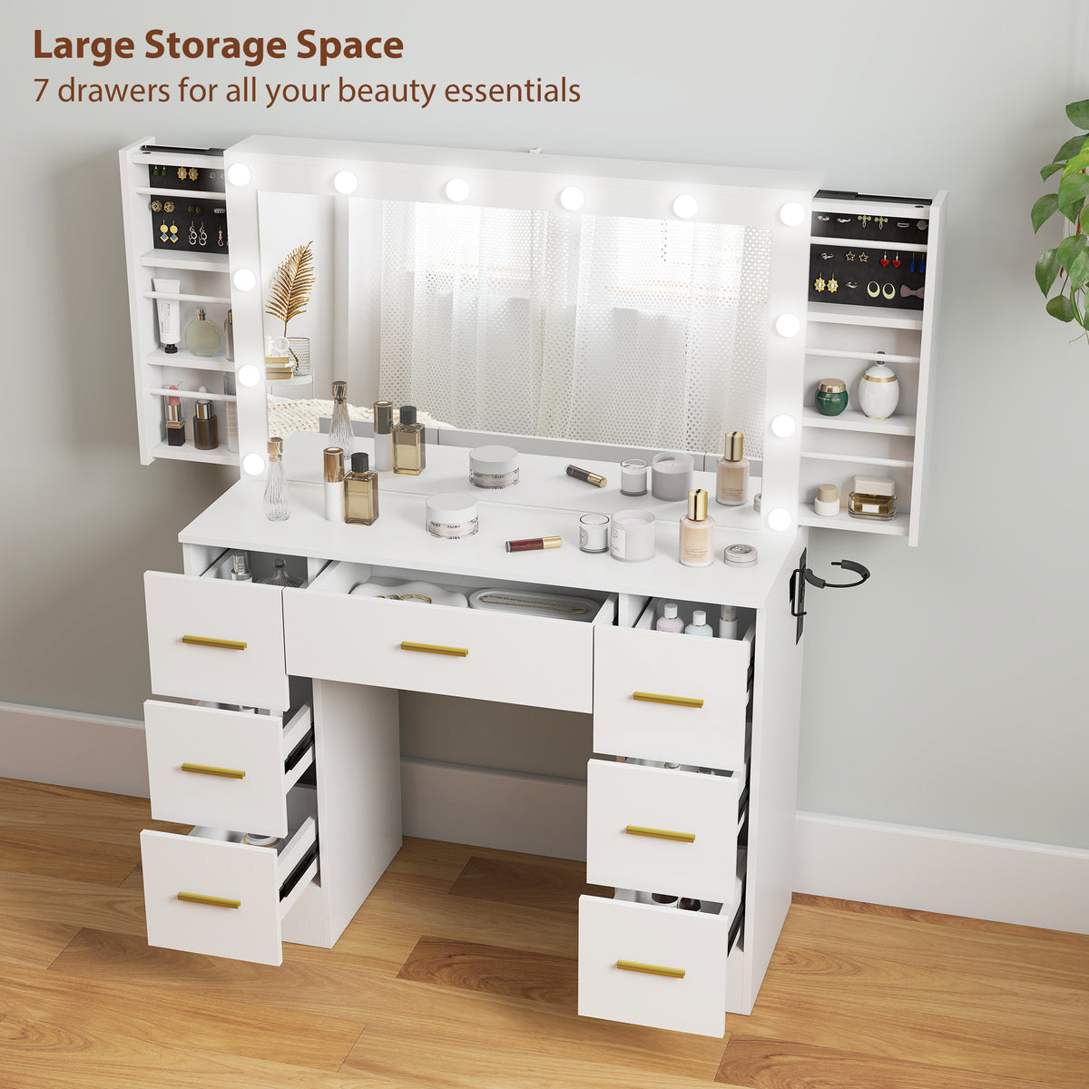 Makeup Vanity Desk with Mirror and Lights, Dressing Table with 7 Drawers, 6 Hidden Sliding Storage Compartments, White