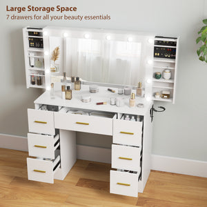 Makeup Vanity Desk with Mirror and Lights, Dressing Table with 7 Drawers, 6 Hidden Sliding Storage Compartments, White