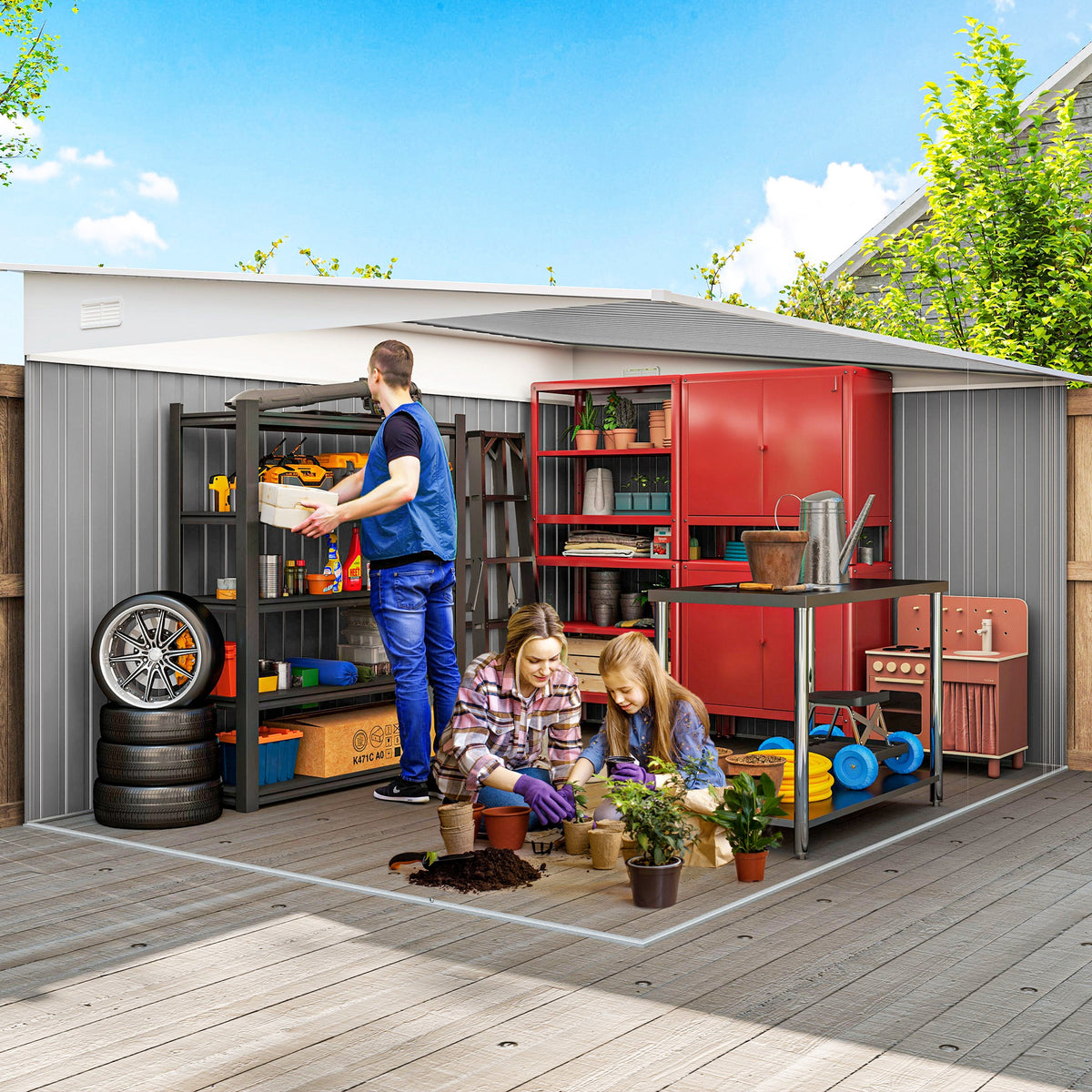 11' x 9' Steel Garden Storage Shed, Outdoor Metal Tool House with Double Sliding Doors & 2 Air Vents, Grey – view 17