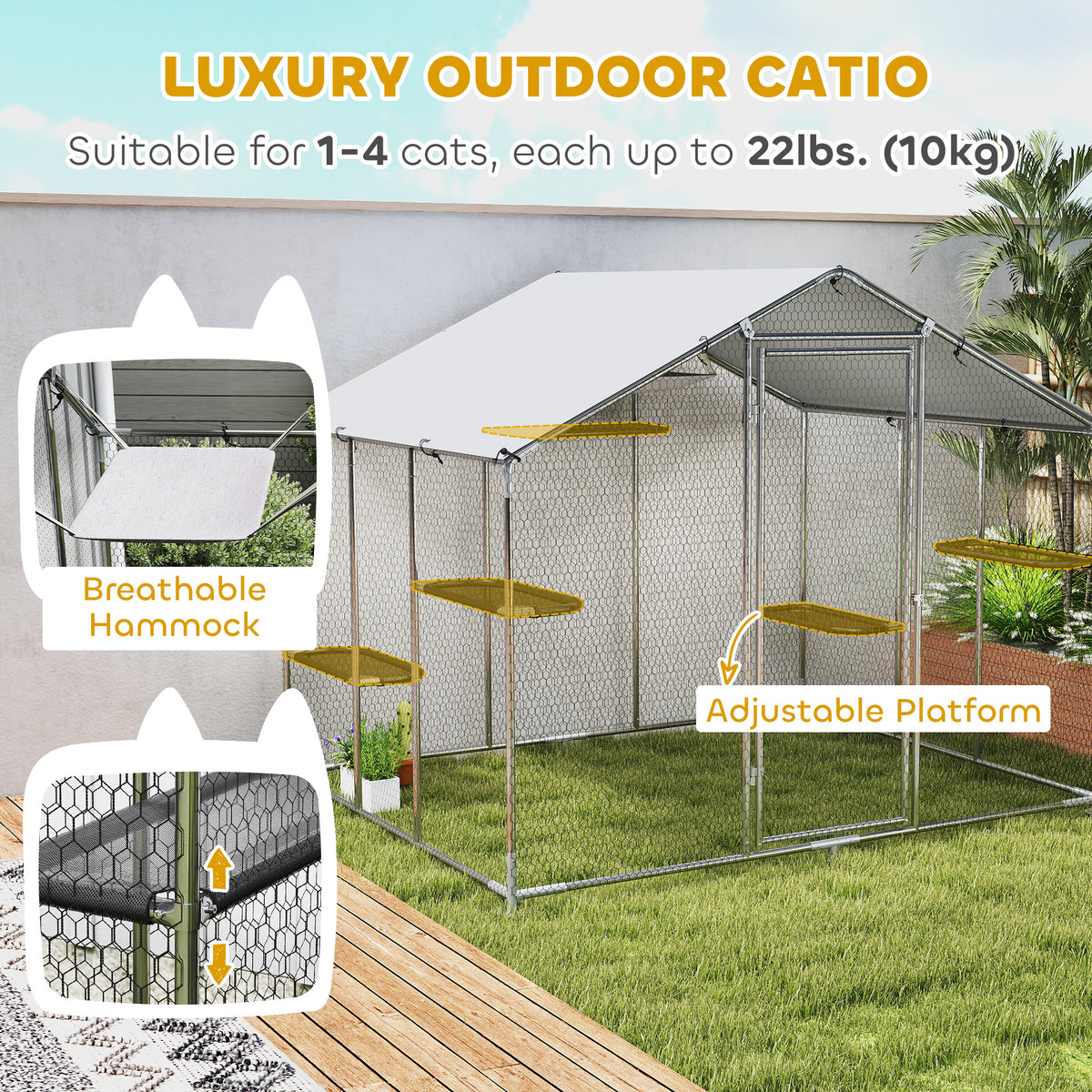 Large Catio Outdoor Cat Enclosure with Waterproof Cover, Walk-in Cat Patio w/ 5 Adjustable Platforms & Hammock 79" W