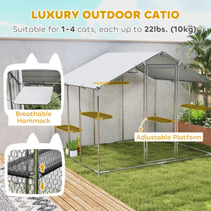 Large Catio Outdoor Cat Enclosure with Waterproof Cover, Walk-in Cat Patio w/ 5 Adjustable Platforms & Hammock 79" W