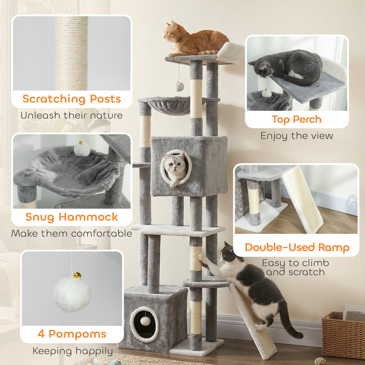 65 Inch Cat Tree with 2 Doors Condos, Plush Top Perch, Hammock, Sisal Scratching Posts, 4 Pompoms, Ramp – view 5