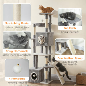 65 Inch Cat Tree with 2 Doors Condos, Plush Top Perch, Hammock, Sisal Scratching Posts, 4 Pompoms, Ramp – view 5