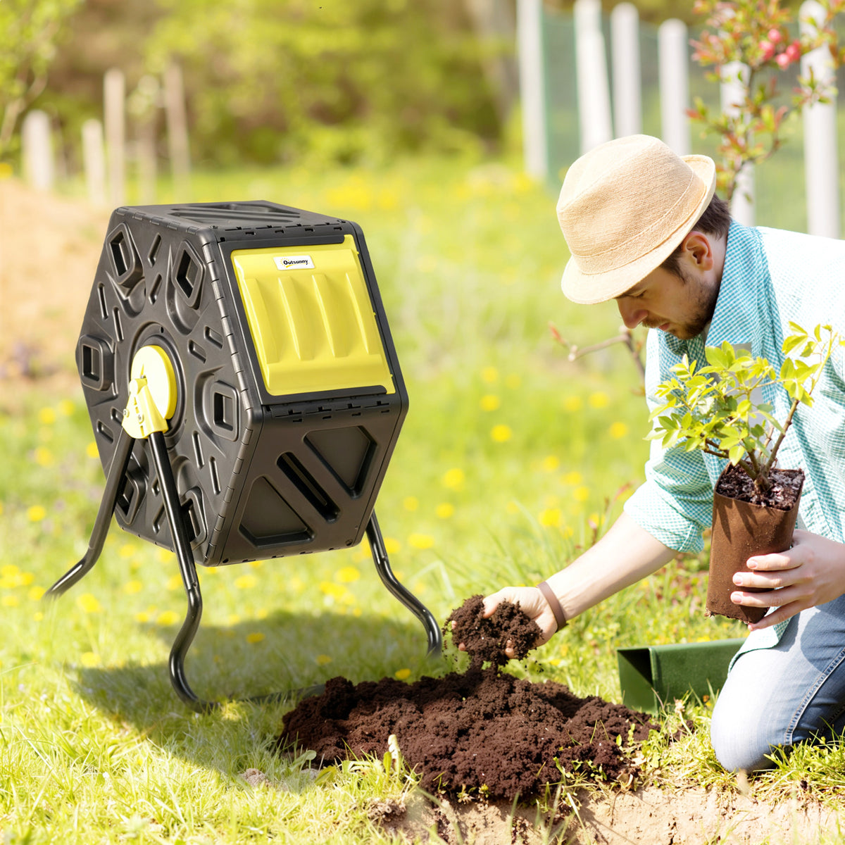 Rotating Composter, Compost Bin with 24 Vents and Steel Legs, 17 Gallon, Green