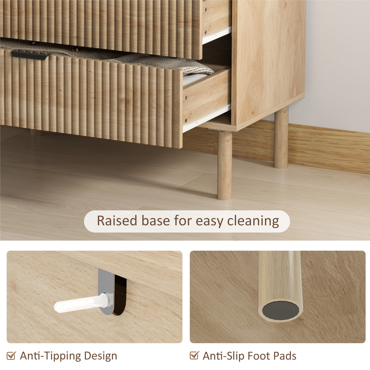 Bedroom Chest of Drawers, 3 Drawer Dresser with Fluted Panels and Solid Wood Legs, Storage Cabinet for Living Room, Oak