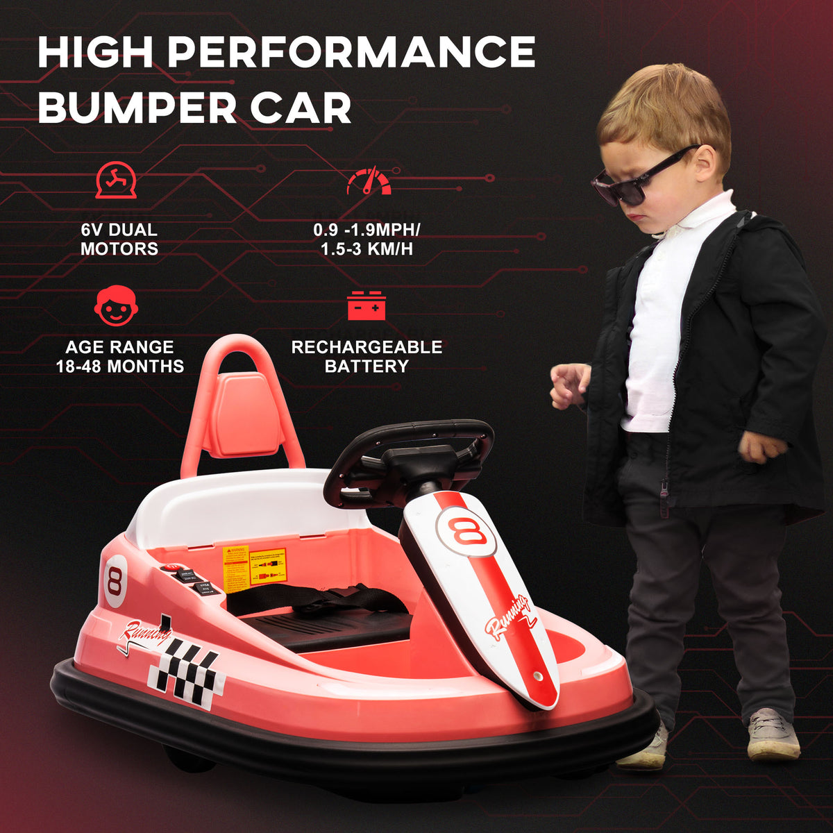 Aosom Kids Bumper Car, 6V 360° Rotation Electric Ride on Car, Twin Motors Battery Powered Toy with Music, Horn and Lights, Safety Belt, for Boys and Girls Aged 18-48 Months -