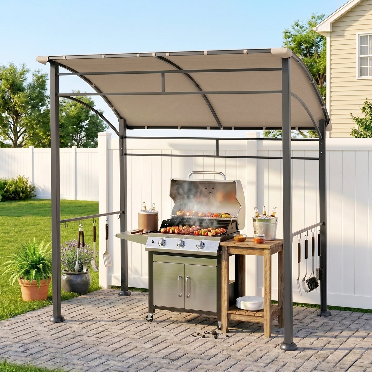7' x 5' BBQ Grill Gazebo Tent, Garden Grill Canopy with Steel Frame and Hooks, Outdoor Sun Shade, Grey – view 14