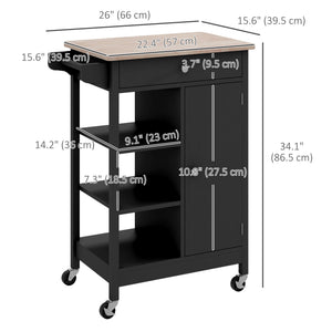 Modern Rolling Kitchen Island Cart with Drawer, Natural Wood Top, Towel Rack, Door Storage Cabinet, Black