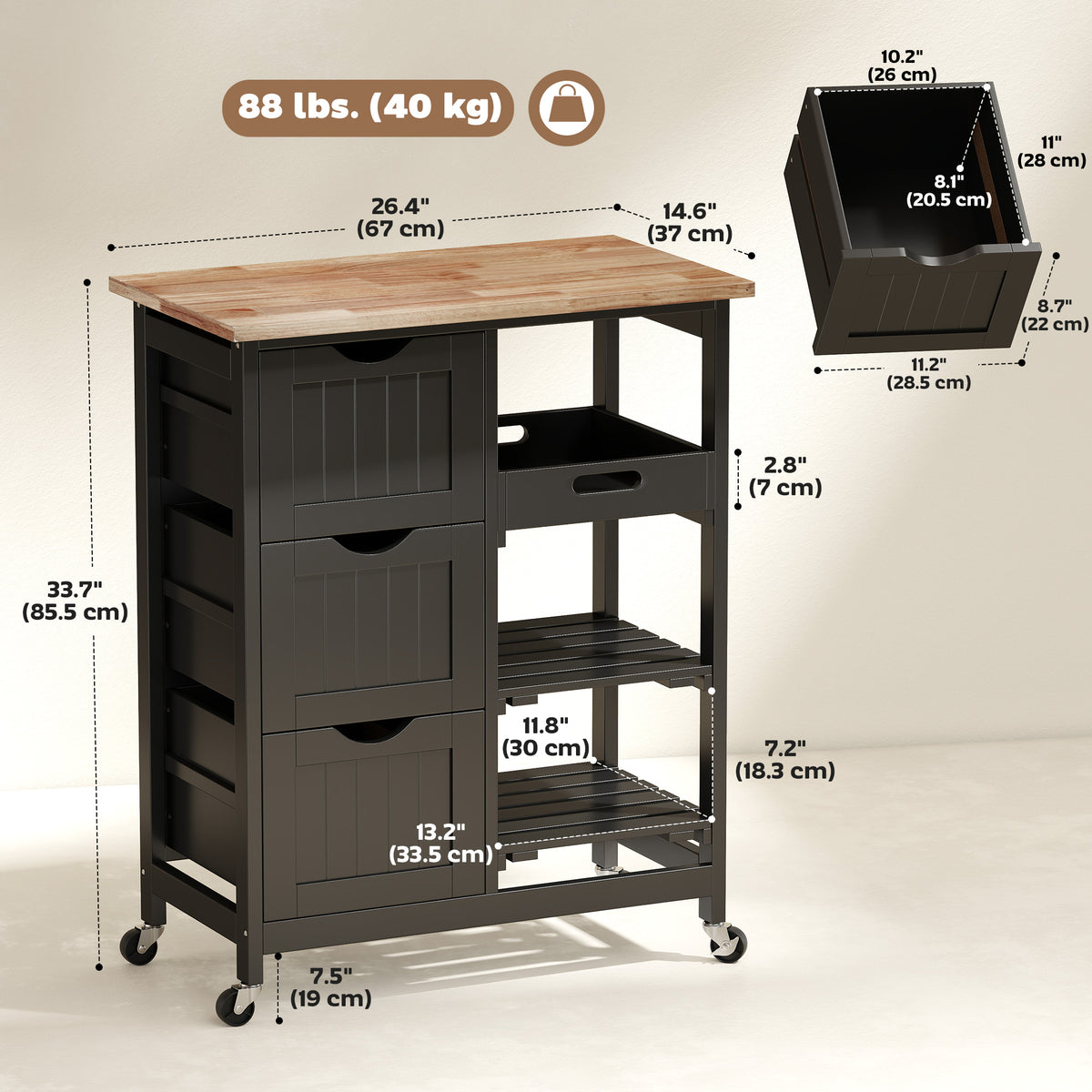 Kitchen Cart on Wheels, Rolling Kitchen Island Cart with Wood Top – view 2