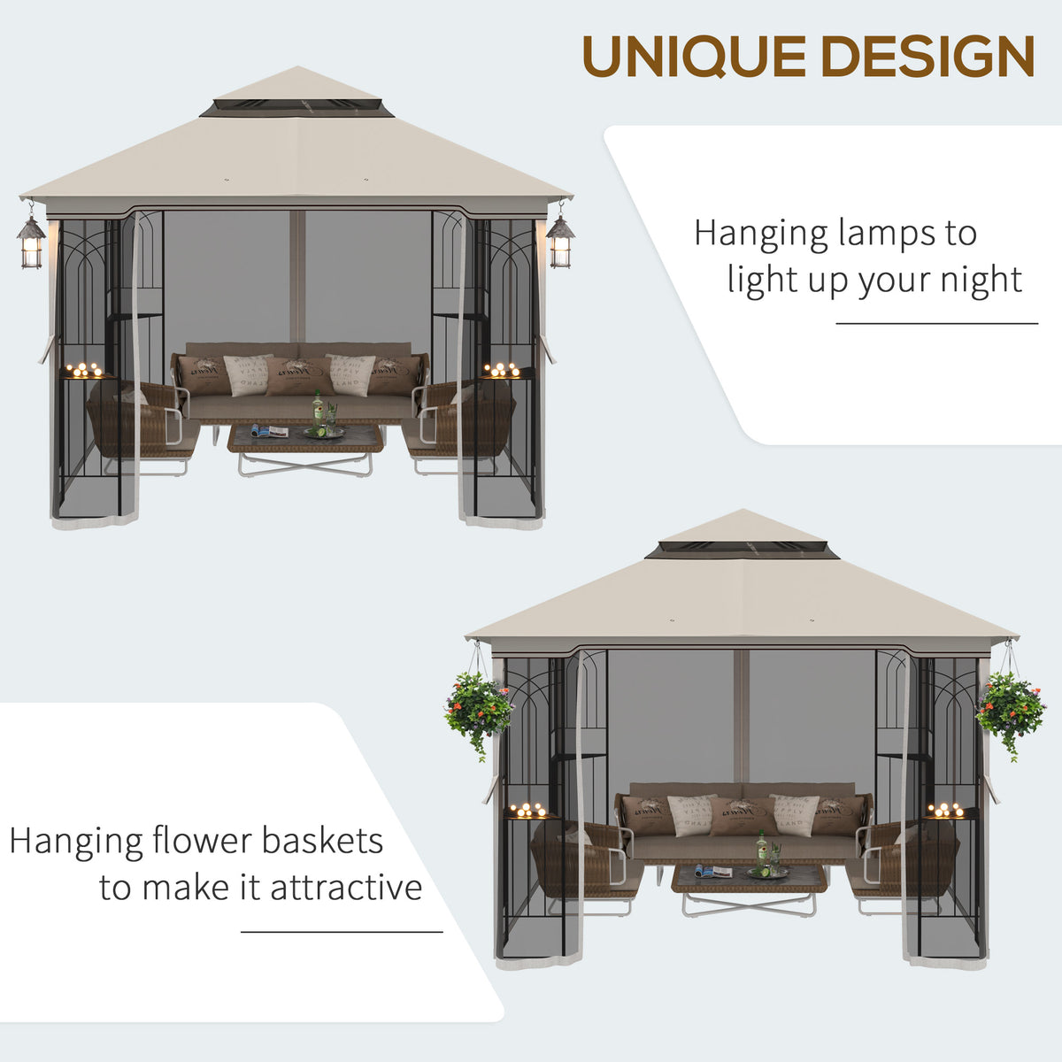 10'x10' Soft-top Patio Gazebo with Double Tier Roof, Mesh Curtains, Display Shelves, Top Hooks, Beige – view 4