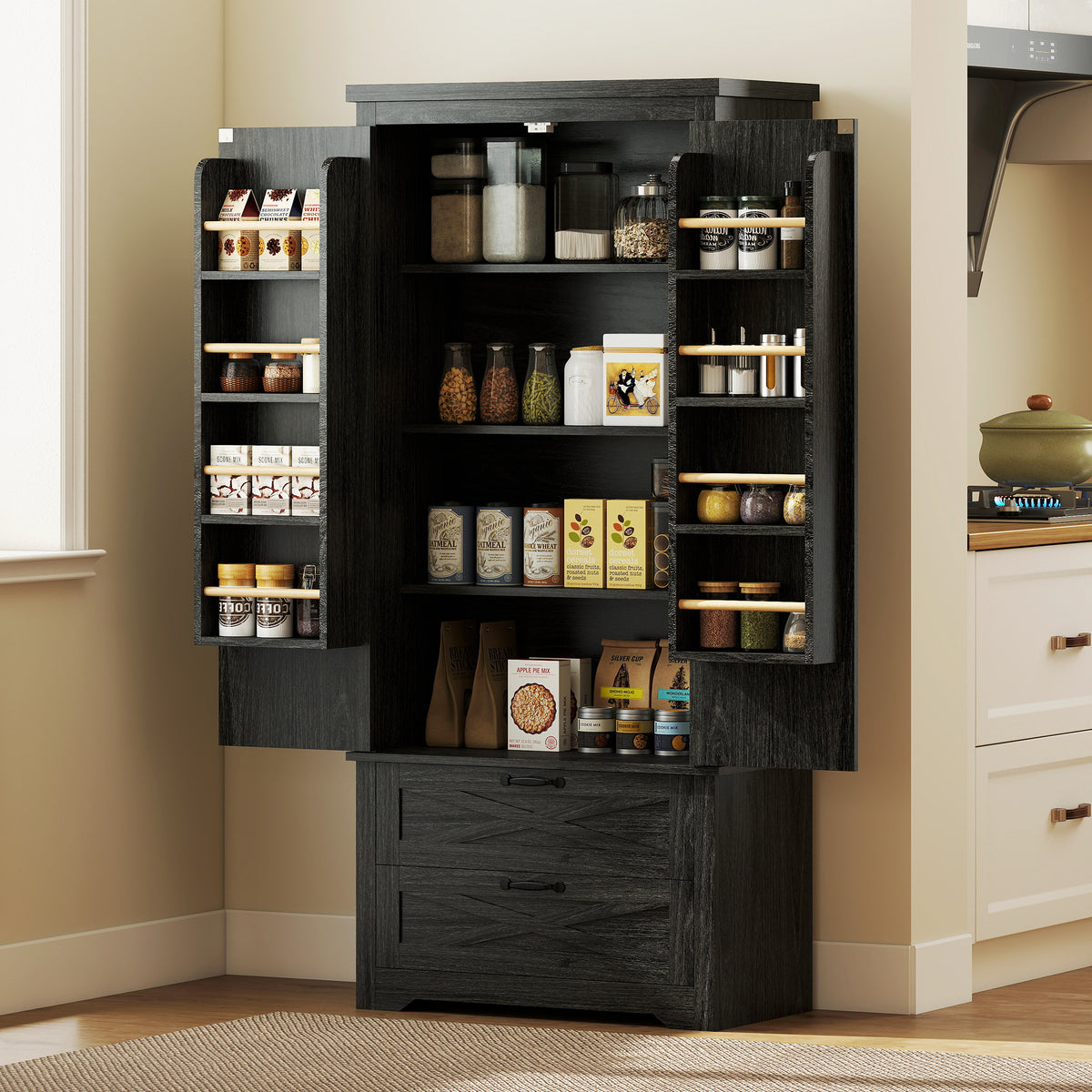 Farmhouse Kitchen Pantry Storage Cabinet, 64" Freestanding Kitchen Pantry Cabinet with Drawers – view 7