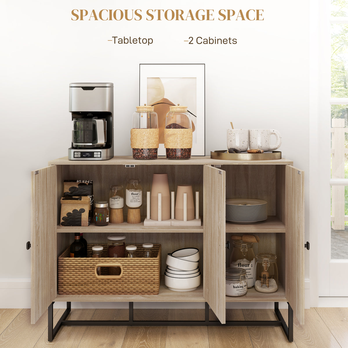 Modern Sideboard, Buffet Cabinet with Adjustable Shelves, 3 Chevron Doors for Living Room, Hallway, Oak Wood Grain