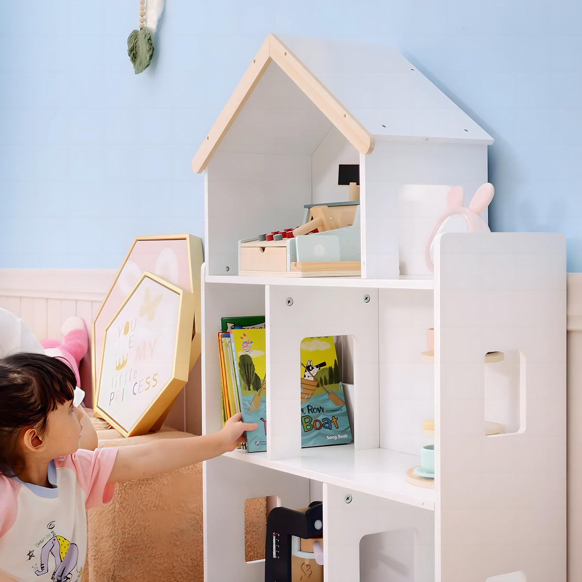 Qaba Toy Storage Organizer Cabinet, 3-Tier Kids Bookshelf for Playroom, Kids Room, Nursery, Kindergarten, White