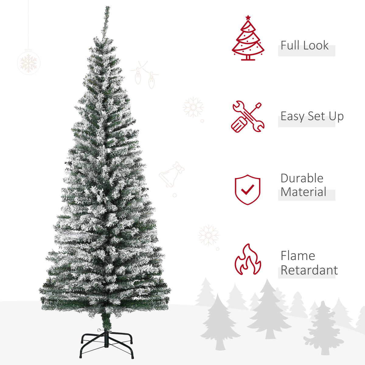 6ft Flocked Christmas Tree, Pencil Christmas Tree with Realistic Branch Tips, Folding Metal Stand, Green – view 3