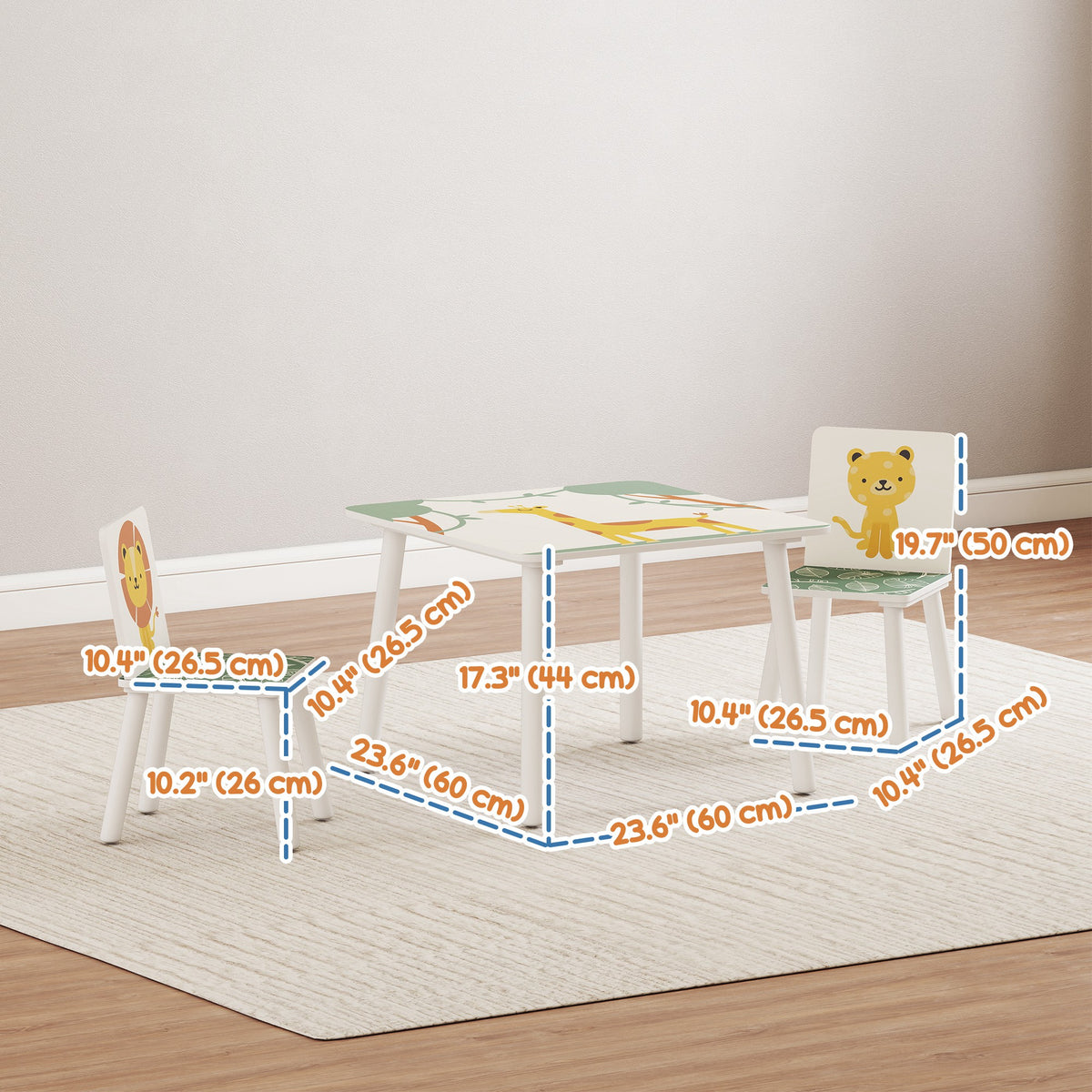 Qaba 3-Piece Kids Table and Chair Set with Animal Pattern for Boys and Girls Aged 3-8, Bedroom, Nursery, Playroom