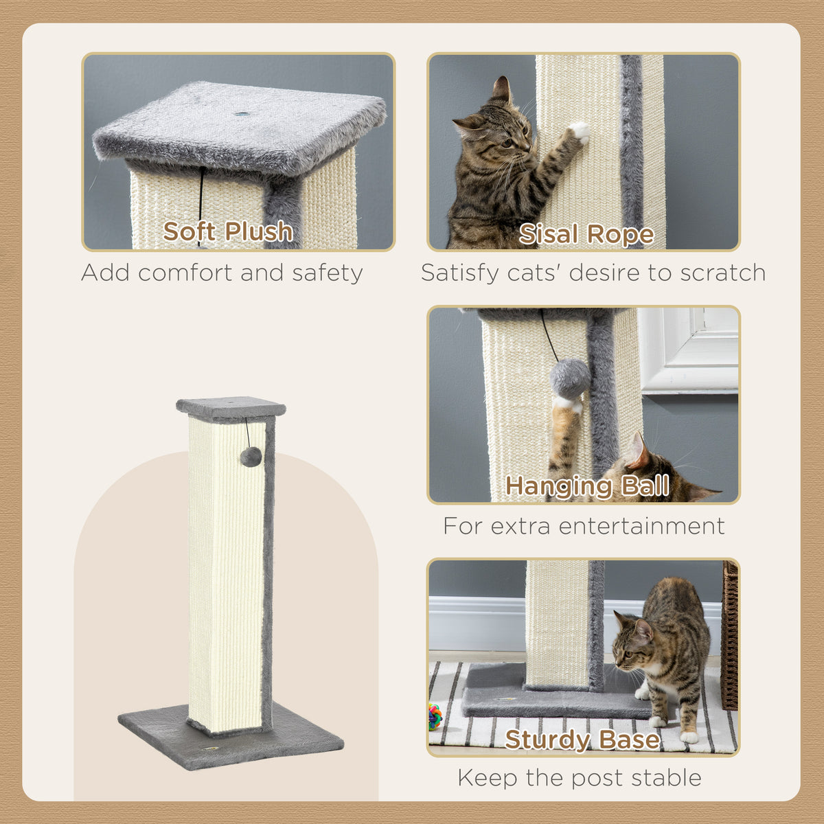 32" Tall Cat Scratching Post for Indoor Cats and Kittens, Sisal Cat Scratcher with Hanging Ball Soft Plush – view 18