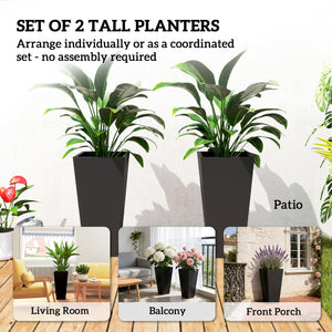 23" Tall Planters Set of 2, Indoor Outdoor Stackable Taper Planters with Marble Finish and Drainage Holes, Black
