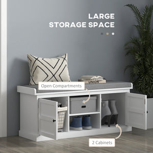 Shoe Storage Bench with Cushioned Seat, Entryway Bench Seat with 2 Cabinets and Adjustable Shelf for Hallway, White