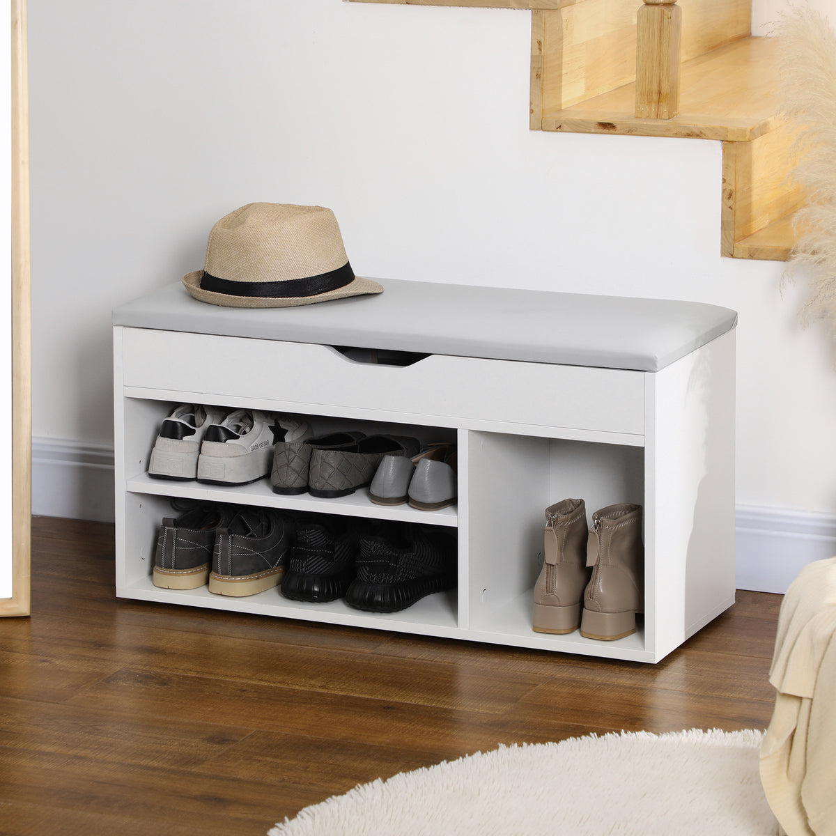 Shoe Bench Entryway Storage Rack with Padded Cushion, Hidden Storage for Hallway, Living Room, Natural – view 28