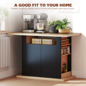Kitchen Island Dining Table with Storage Cabinet, Large Tabletop for 4 People, 4-Door Cupboard & Shelves, Black
