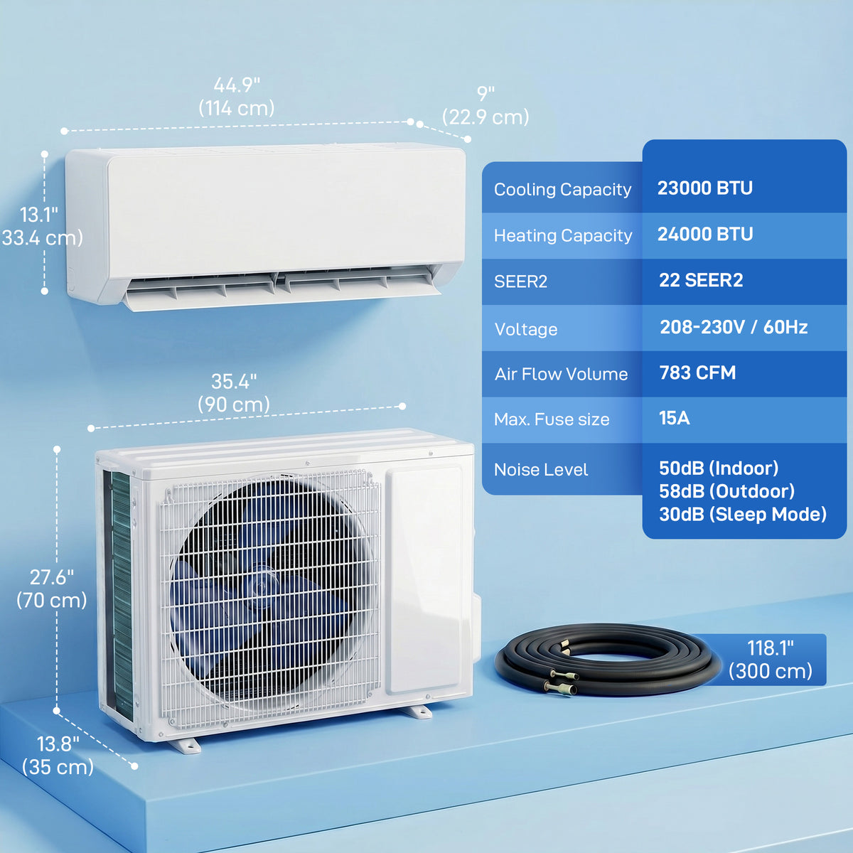23000 BTU Mini Split Air Conditioner, 22 SEER2 230V Wifi Enabled Inverter AC Unit & Heat Pump Cools up to 1500 Sq. Ft