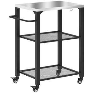 3-Shelf Outdoor Grill Cart Table with Side Handle, Stainless Steel Pizza Oven Stand on Wheels, Black – view 15