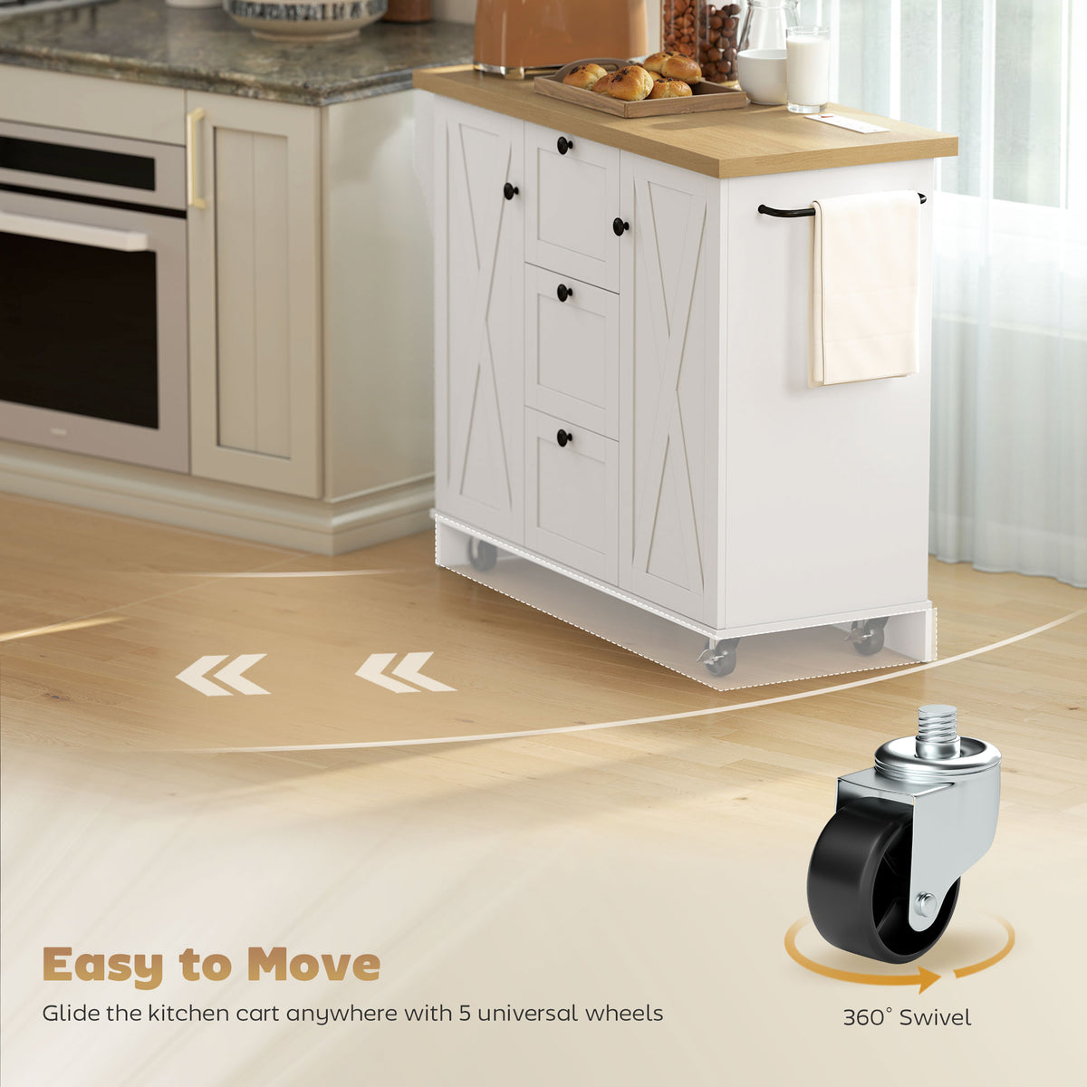 Farmhouse Kitchen Island Cart with Power Outlet and Soft-Close Doors, 49" Kitchen Island with 3 Drawers – view 13