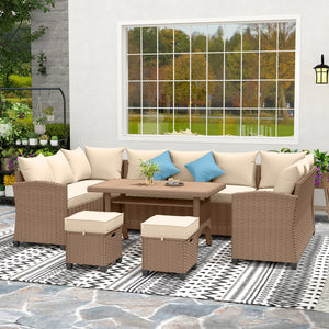 6 Pieces Patio Furniture Set, Outdoor Wicker Sofa Set, All Weather PE Rattan Conversation Furniture, with Strip Wood Grain Plastic Coffee Table & Cushions, Khaki