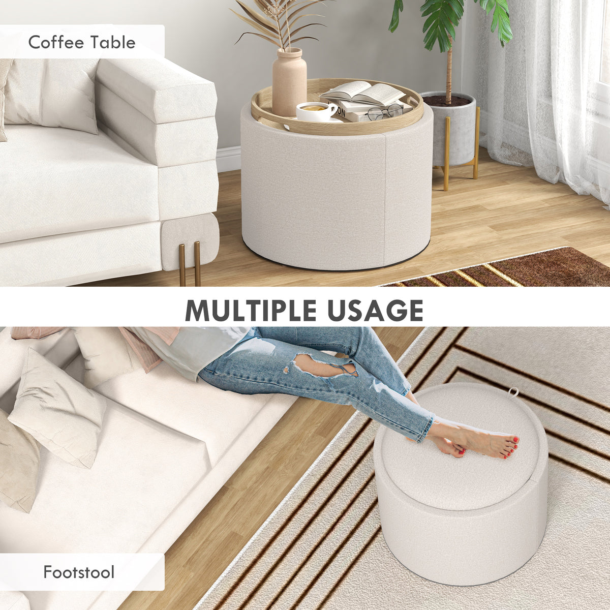 Round Coffee Table, End Table with Hidden Storage and Tray Top, Linen Upholstered Footrest for Living Room