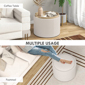 Round Coffee Table, End Table with Hidden Storage and Tray Top, Linen Upholstered Footrest for Living Room