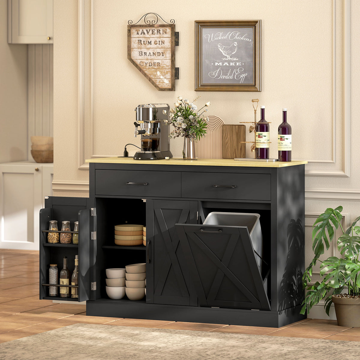 7 Gallon Tilt Out Garbage Cabinet, Kitchen Island with Charging Station, 2 Drawers, 4 Door Racks, Black – view 7