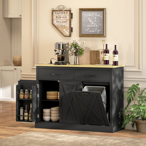 7 Gallon Tilt Out Garbage Cabinet, Kitchen Island with Charging Station, 2 Drawers, 4 Door Racks, Black – view 7