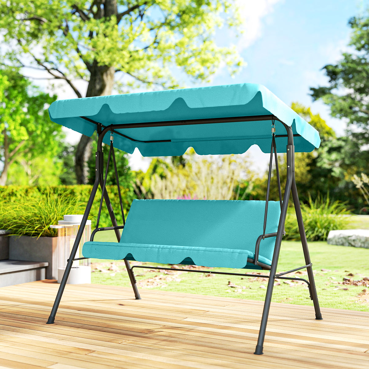 3-Seater Outdoor Porch Swing with Adjustable Canopy, Patio Swing Chair for Garden, Poolside, Backyard, Green and White