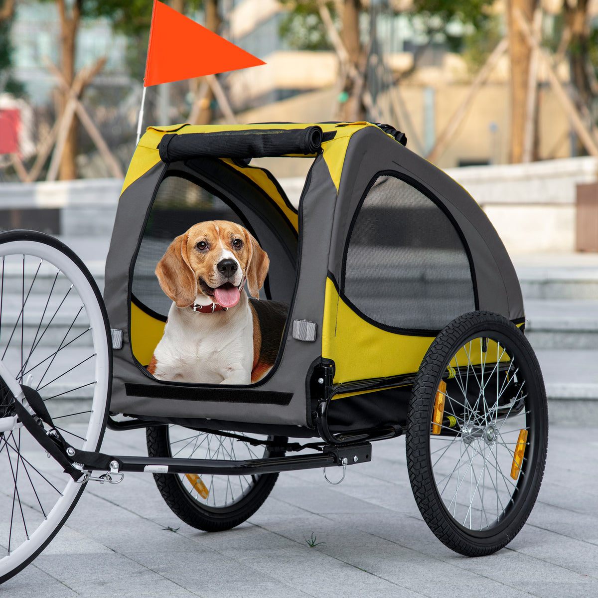 Dog Bike Trailer with Hitch Coupler, Quick Release Wheels, Reflectors, Flag for Medium Dogs, Yellow
