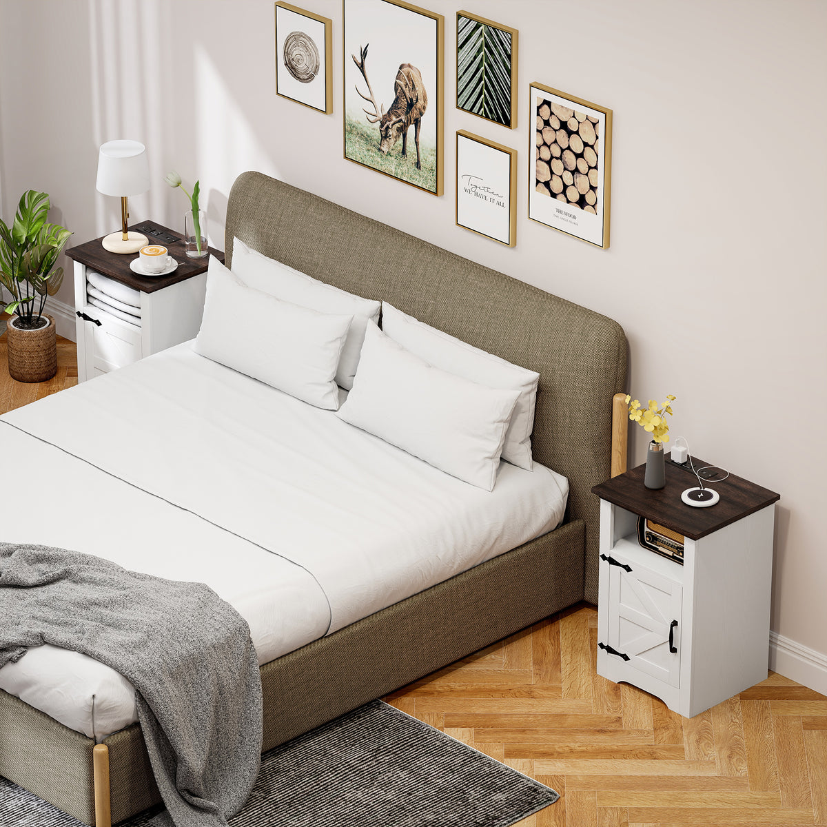 Set of 2 Side Tables, Night Stands with Charging Outlets, White