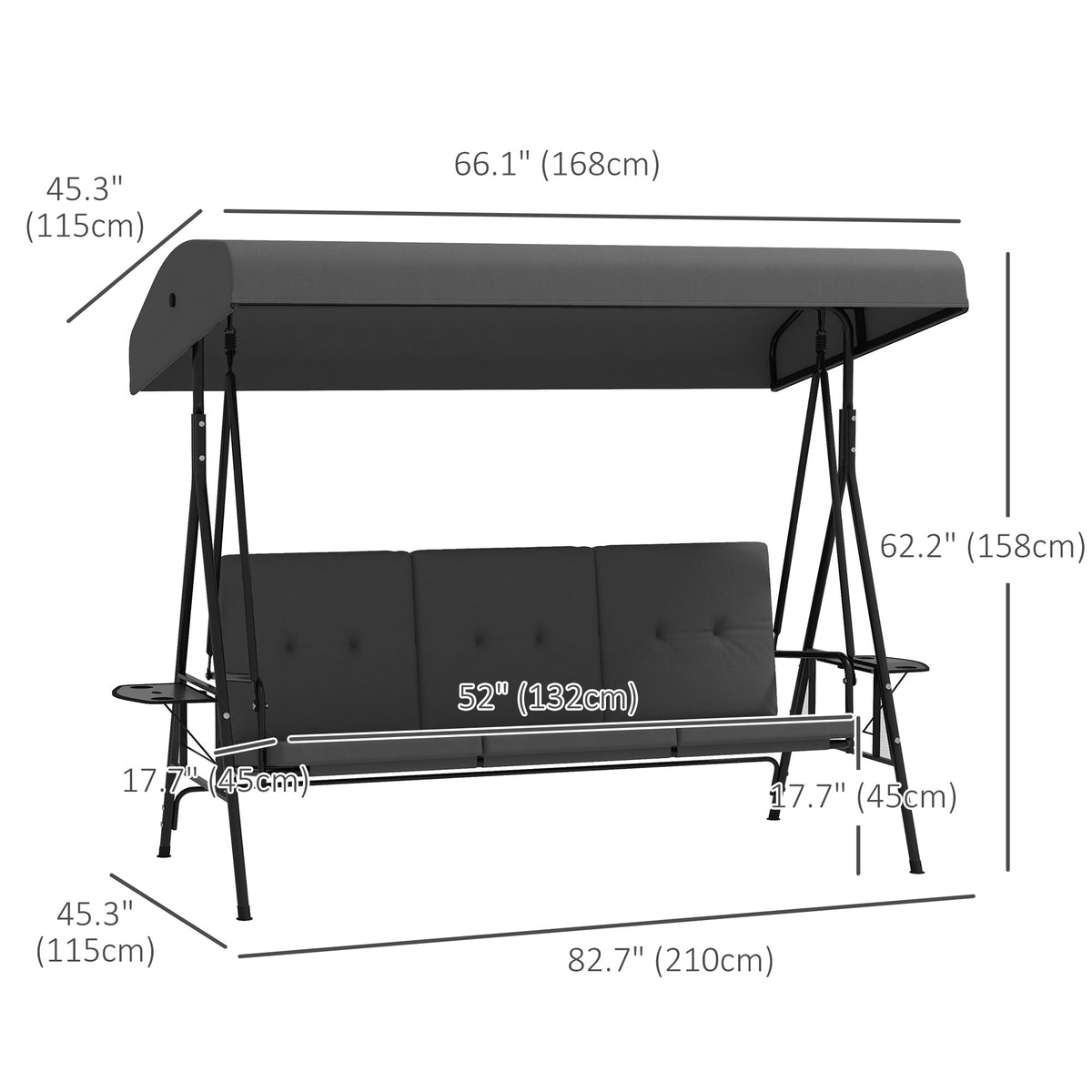 3-Seat Outdoor Porch Swing Patio Swing with Adjustable Canopy, Side Tray, Removable Cushion for Garden – view 9