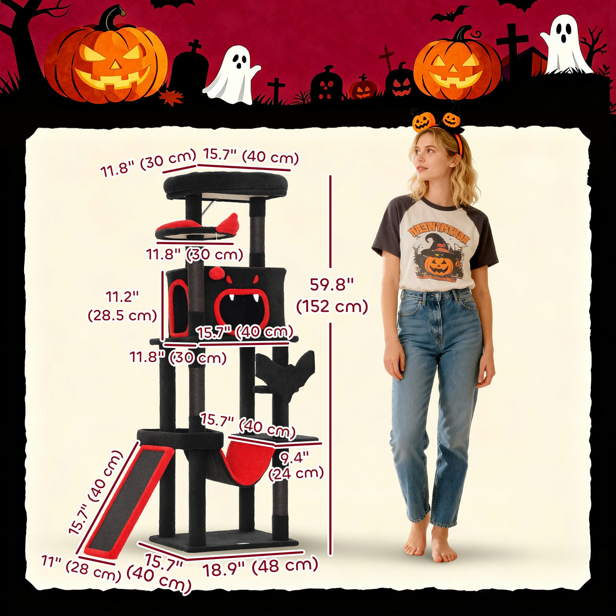 Gothic Cat Tree, 60" Tall Cat Tower with Coffin Bed,  Sisal Scratching Posts & Ramp, Condo, Hammock, Perches, Black
