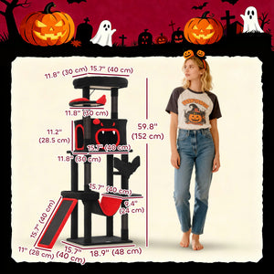 Gothic Cat Tree, 60" Tall Cat Tower with Coffin Bed,  Sisal Scratching Posts & Ramp, Condo, Hammock, Perches, Black