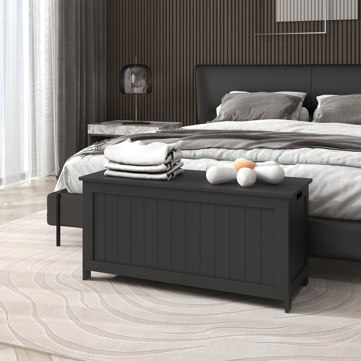 Storage Trunk with 2 Safety Hinges, Modern Entryway Bench with Side Handles, Storage Chest for Living Room – view 7