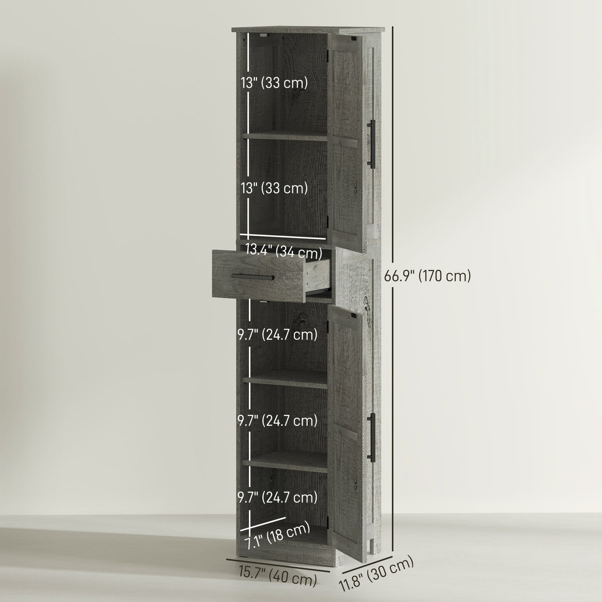 67" Tall Bathroom Cabinet, Narrow Bathroom Storage Cabinet with Drawer, Barn Doors and Adjustable Shelves – view 9