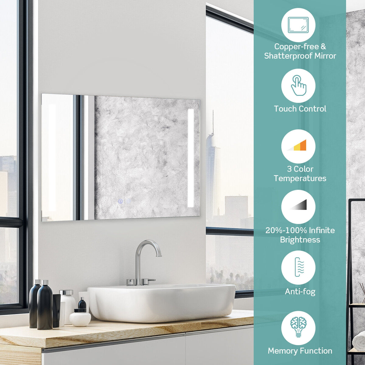 32 x 24 Inch Quadrate Wall Mirror with 3-Color Lights and, Anti-Fog Function view 5