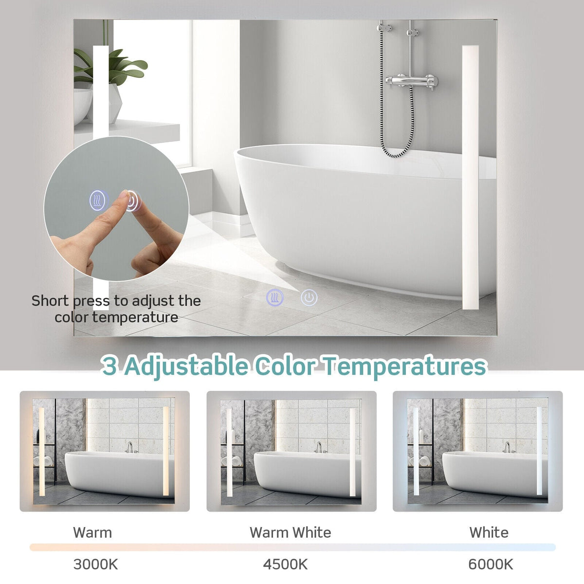 32 x 24 Inch Quadrate Wall Mirror with 3-Color Lights and, Anti-Fog Function view 8
