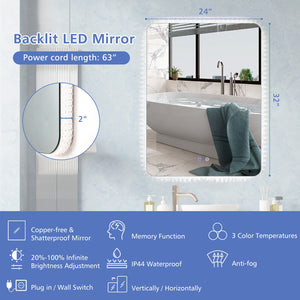 32 x 24 Inch Shatterproof Wall Mirror with 3-Color Lights and, Anti-Fog Function view 4