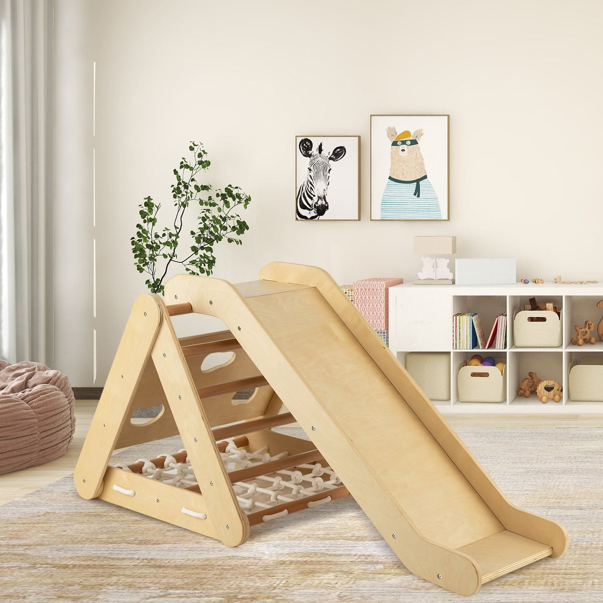 Patented 4 in 1 Triangle Climber Toy with Sliding Board and Climbing Net-Natural view 2