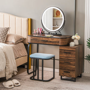 Vanity Table Set with 3-Color Lighted Mirror and Charging Station-Brown view 2