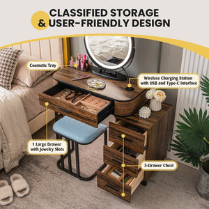 Vanity Table Set with 3-Color Lighted Mirror and Charging Station-Brown view 6