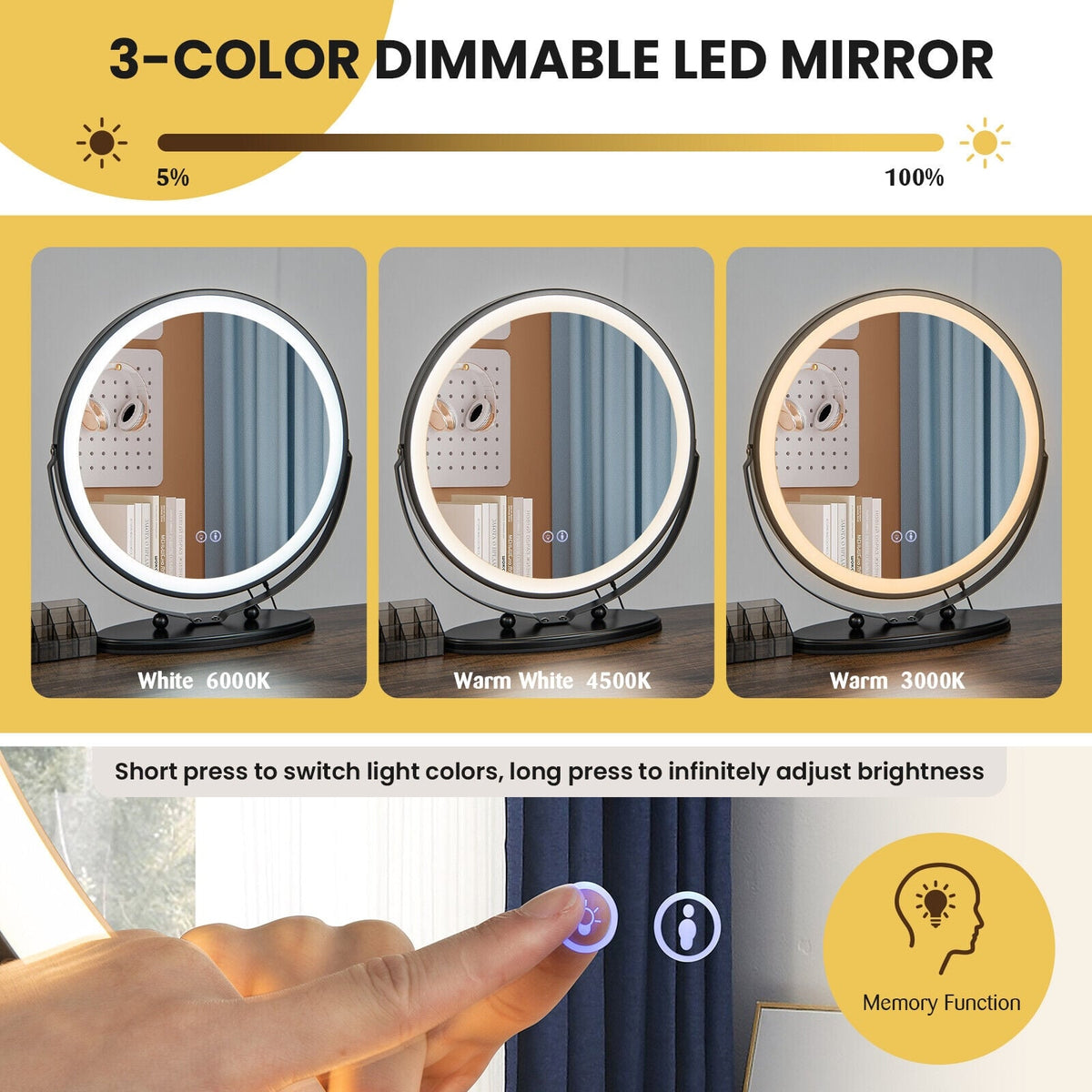 Vanity Table Set with 3-Color Lighted Mirror and Charging Station-Brown view 7