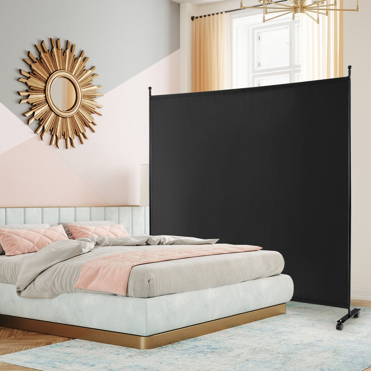 6 Feet Single Panel Rolling Room Divider with Smooth Wheels-Black view 2